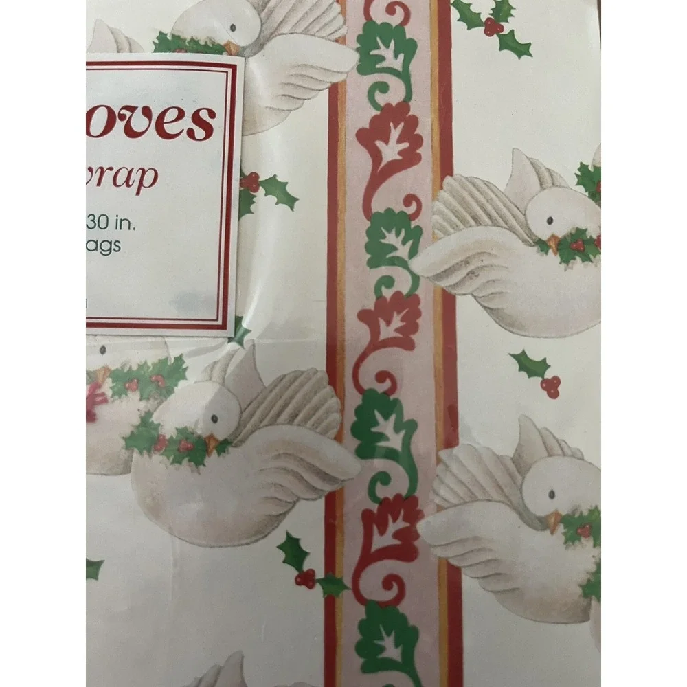 VTG Avon Holiday Wrapping Paper. Loving Doves! Holly & 4 Gift Tags! NOS